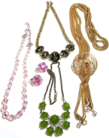 4 Assorted Necklaces (Beaded, Gold & Silver Tone) + Pair Beaded Clip-On Earrings| Longest is 28"