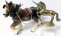 Vintage Solid Brass Unicorn Figure & Staffordshire Reproductions Ceramic Clydesdale Figure | 5.75" - 9.5" Tall