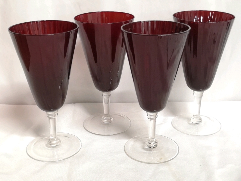 4 Ruby Red Glass Wine Glasses 8" Tall