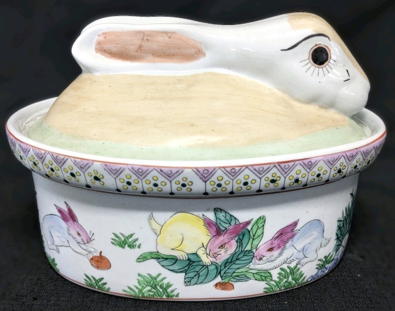 Vintage Lidded Ceramic Dish w Stylistic Rabbits Handpainted Around Body of Dish | 9.15" x 7" x 6" Tall