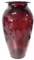 Unsigned Anchor Hocking Ruby Red Glass Vase w Etched Flower & Leaves | 9" Tall