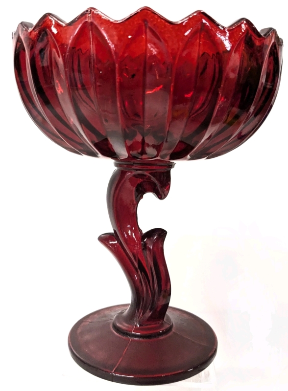 Neat Vintage Red Flash Glass Footed Tulip / Flower Dish | 6" Diameter x 7.25" Tall