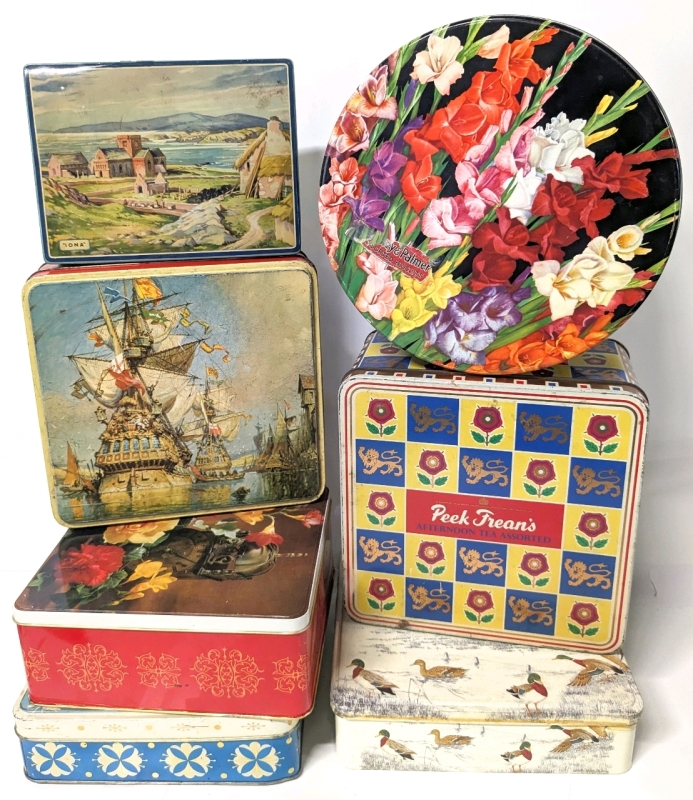 7 Vintage Biscuit Tins | Fox's, Huntley & Palmer, Peek Frean's + | Largest 9" x 9" x 4.75"