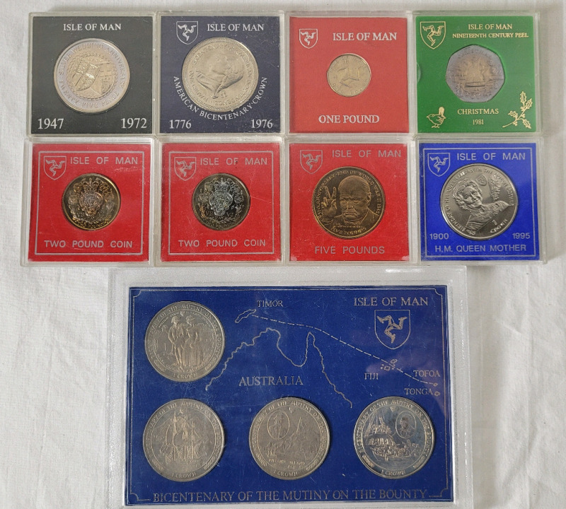 1972 - 1995 British Isle of Man Coins . Includes Isle of Man Bicentennial of the Mutiny on the Bounty Coin Set . 12 Coins Total