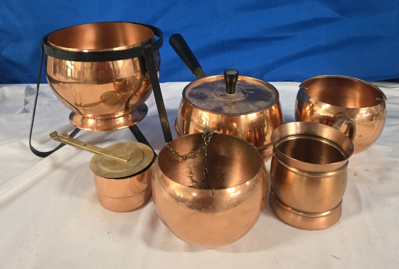 7 Pcs Vinatge | Copper & Brass Assorted Pots, Pans & Heaters | Tallest Piece Measures 6.5" Tall