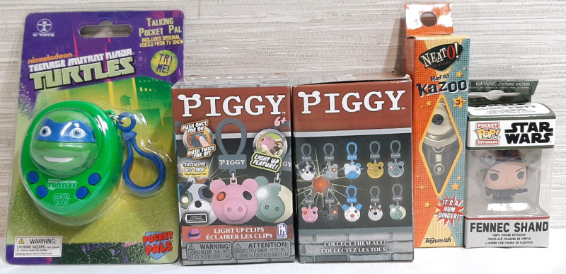 New Assorted Unopened Toys - TMNT Pocket Pal, Piggy Light Up Clips (2pcs), Metal Kazoo and Pocket Pop Star Wars Fennec Shand Vinyl Figure Keychain