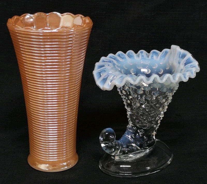 Fire King Peach Luster Ribbed Vase 7.25" Tall + Fenton Hobnail Moonstone Cornucopia Art Ruffle Taper Candlestick 5.75" Tall