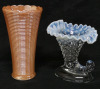 Fire King Peach Luster Ribbed Vase 7.25" Tall + Fenton Hobnail Moonstone Cornucopia Art Ruffle Taper Candlestick 5.75" Tall - 2