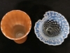 Fire King Peach Luster Ribbed Vase 7.25" Tall + Fenton Hobnail Moonstone Cornucopia Art Ruffle Taper Candlestick 5.75" Tall - 3