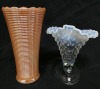 Fire King Peach Luster Ribbed Vase 7.25" Tall + Fenton Hobnail Moonstone Cornucopia Art Ruffle Taper Candlestick 5.75" Tall - 4