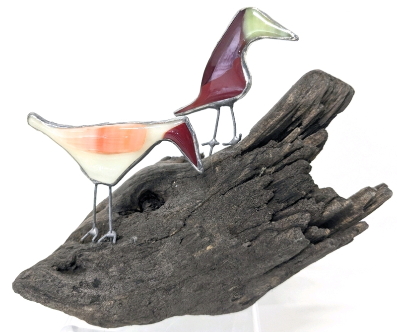 Adorable Abstract Fused Glass Birds on Driftwood Sculpture | 5.75" Tall