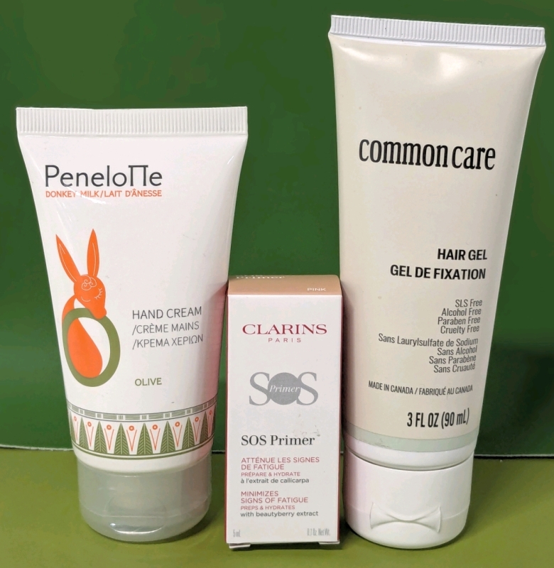 New Skin / Hair Care | Penelotte Donkey Milk Hand Cream (80ml), Clarins SOS Primer (5ml), Common Care Hair Gel (90ml)