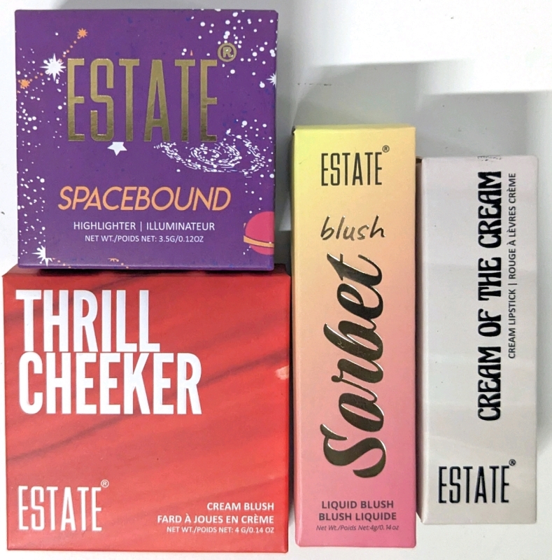 New Estate Beauty Makeup : Blush Sorbet (Melon: 4g), Spacebound Highlighter (Blastoff: 3.5g), Cream of the Cream Lipstick (Whipped : 3.5g), Thrill Cheeker Cream Blush (The Rush: 4g)