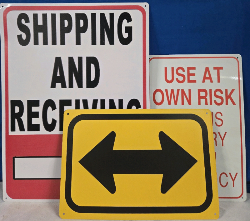 3 New | Metal Wall Signs " Shipping & Receiving" | " Use At Your Own Risk Ramp Is Slippery When Wet Or Icy" | Left Or Right Sign | Largest Sign Measures 12" x 16"