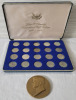 1964 - 1984 United States Kennedy 50 Cent Half Dollar Coin Set in Case , includes 1964 - 1970 Silver Half Dollars (7 coins) plus John F Kennedy Bronze Medal . All Coins Uncirculated