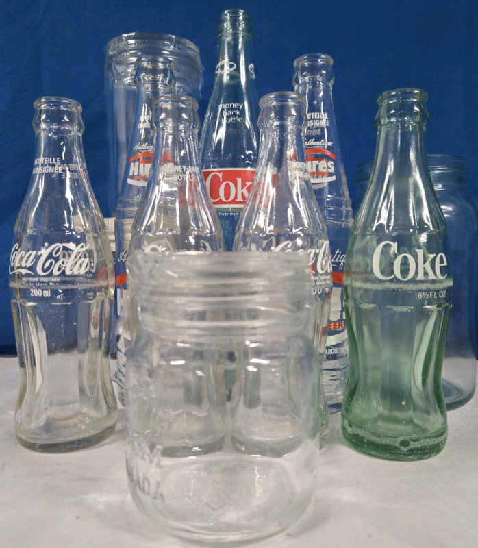 Assorted Glassware: 5 Glass Coke Bottles (Green + Clear), 2 Hires Root Beer Glasses, 4 Mason Jars (Green + Clear) | Tallest Glass Measures 11" Tall