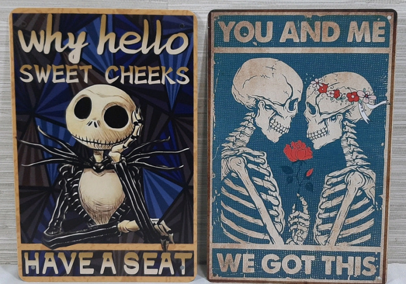 New 2pcs Skellington Themed Metal Signs - 12"X8"