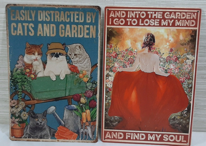 New 2pcs Cat and Garden Themed Metal Signs - 12"X8"