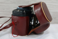 Vintage Agfa German Camera With Brown Leather Carrying Case & Strap - 4&frac12;" wide and 4&frac12;" tall - Very Minor Scuffs on Case and some dust on Camera