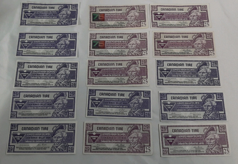 15 Canadian Tire 25 Cent Cash Bonus Bills