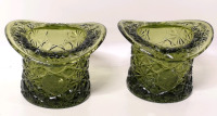 2 Unsigned Fenton Daisy and Button Green Indiana Glass Top Hat Vases 3.25" Tall