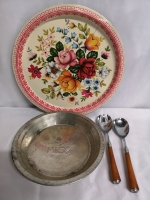 Vintage Metal Floral Tray + Tim Hortons Pie Pan + Bakelite Handles Salad Fork & Spoon