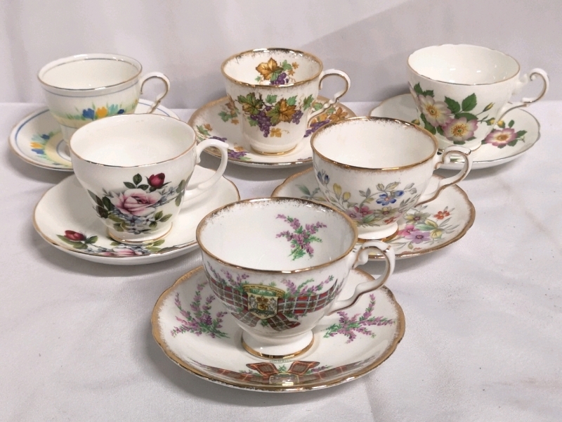 6 Vintage Teacups & Saucers - Royal Stafford, Sandford & Regency