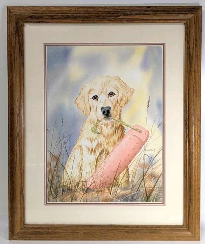 Artist Signed Original Watercolor Painting of a Golden Retriever Puppy w Toy Framed + Matted | 17.75" x 21.5"