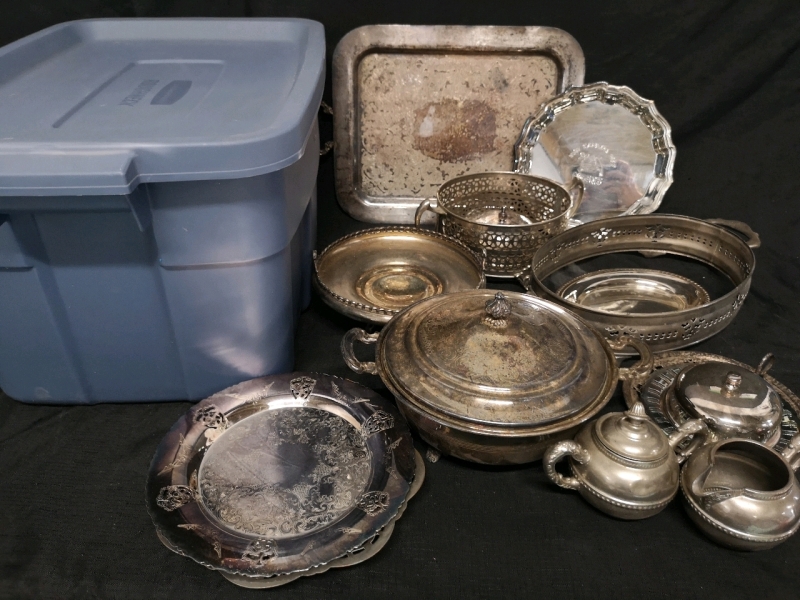 Large Vintage Silver Plate Lot with Storage Tote