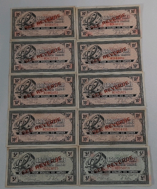 1962 Canadian Tire Overprint "See Reverse" Customer Profit Sharing Bonus Cash Money - 10 Cents and 5 Cents