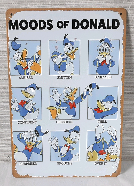 New "Moods of Donald Duck" Metal Sign - 12"X8"