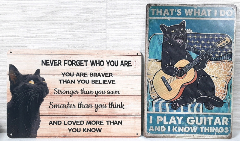 2 New Black Cat Themed Metal Signs - 12"X8"