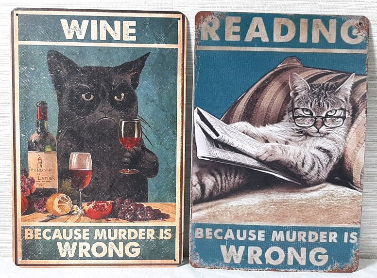 2 New Cat Themed Metal Signs - 12"X8"