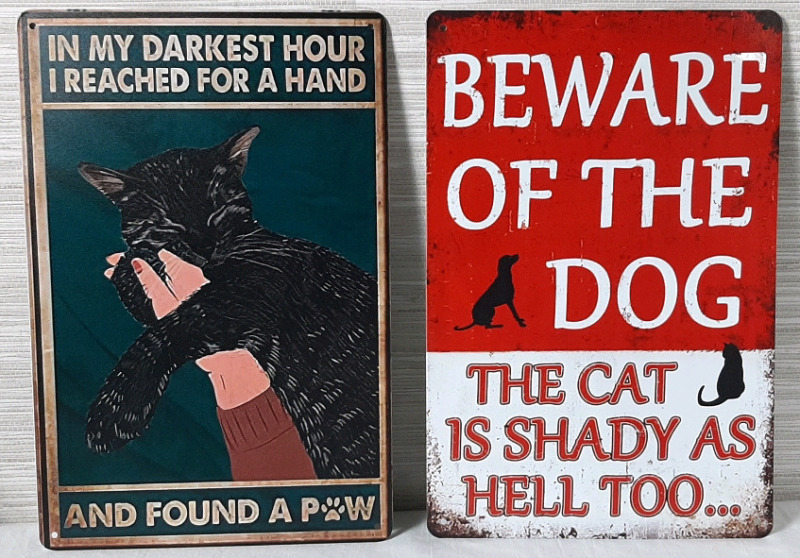 2 New Dog & Cat Themed Metal Signs 12"X8"