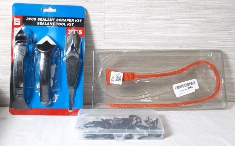 Lot of New Tools, Including a 3pc Sealant Scraper Kit, 3in1 Sink Snake & Black Hooks