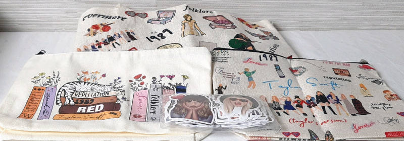 New Taylor Swift Lot, With Three Taylor Swift Bags & Stickers (Large bag 14"X12", Smaller Bags are 9½"X7"