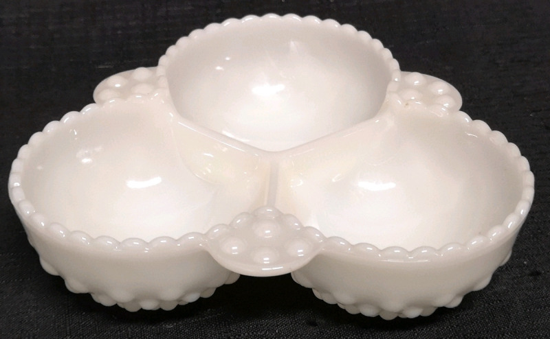 Unsigned Fenton Hobnail Milk Glass Divided Candy Dish 1940s Polka Dot Catch-All Triple Section Serving Dish