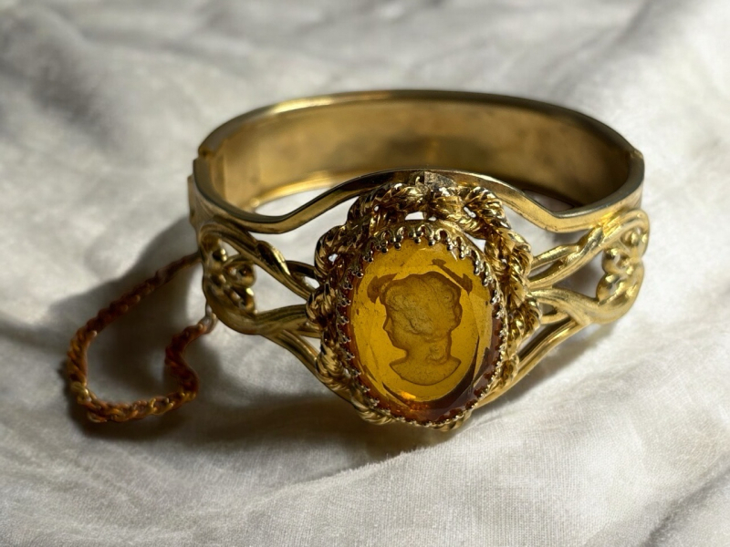 Vintage Huge Reverse Gold Tone Intaglio Carved Cameo Clamper Bracelet with Safety Chain