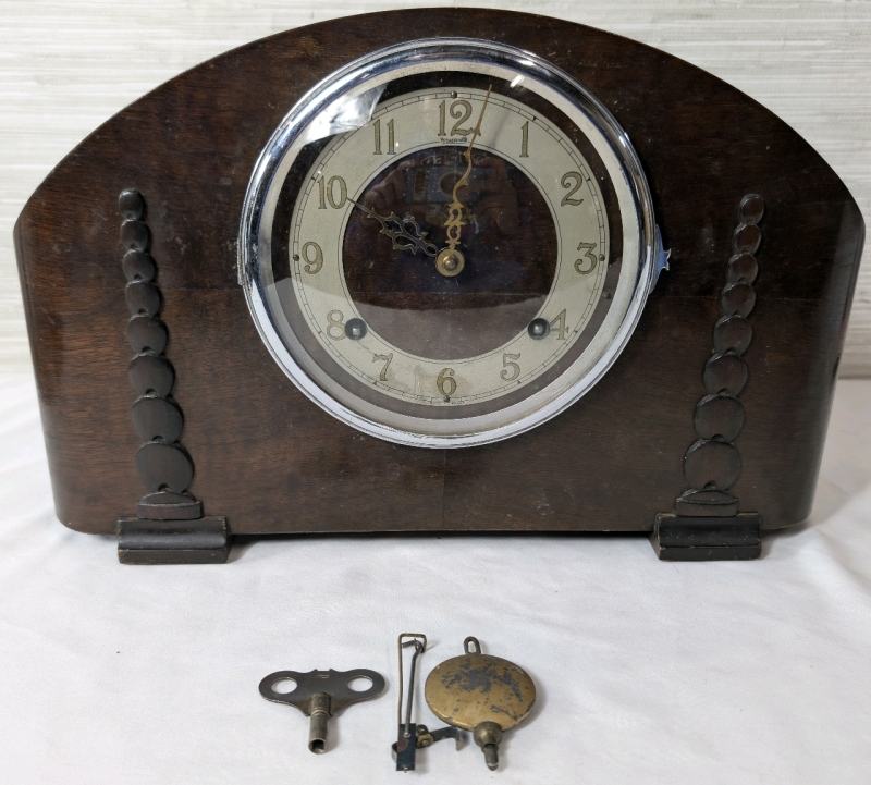 1940's Forestville Chime Bell Wind-Up Mechanical Movement Desk Clock With Key And Pendulum Made In Canada *Not Overwound* 14.5" W x 10" H x 4.5" D