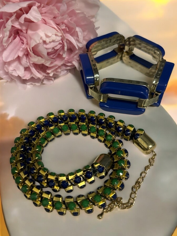 Emerald Green Sapphire Blue Luminous Rhinestone Surrond Necklace Art Deco Style Bold Bracelet