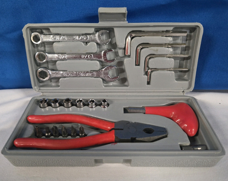 Small Tool Kit W/Carry Case | Set Includes Pliers, Small Spanner Wrenches, Hey Keys & Some Sockets | Case Measures 8.5" x 3.5" x 2"