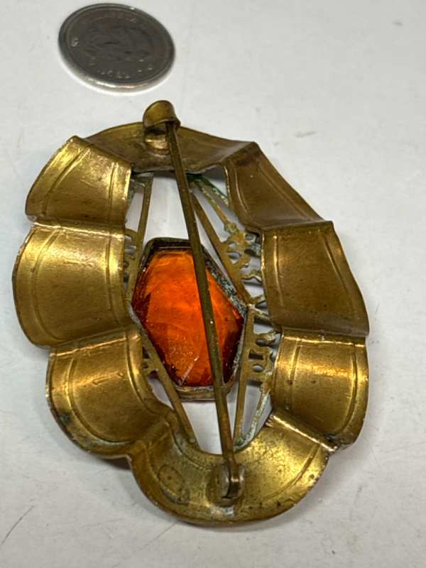 Victorian Gilded Oval Sash Brooch Lacy Cut Work Citrine Amber Glass