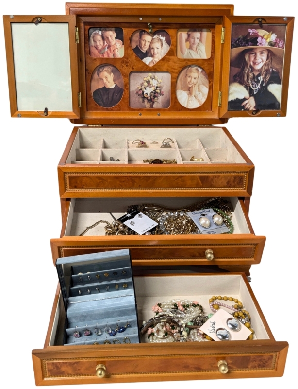 Assorted Jewelry Contents in Open-Top 2-Drawer Jewelry Box | 12" x 8.25" x 8.5" Tall