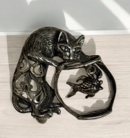 Vintage Jezlaine Sterling Silver Cat with Fish Bowl Brooch<br/>