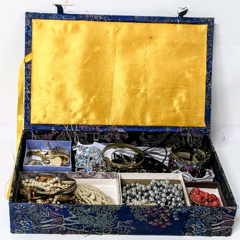 Assorted Jewelry Contents in Chinoiserie Embroidered Satin Jewelry Box | Box Measures 12.5" x 7.75" x 2" Tall