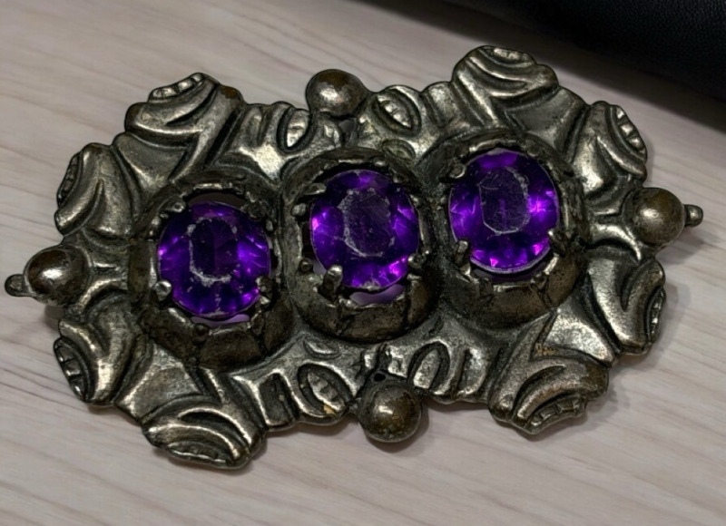 Vintage 800 Silver Amethyst Glass Cabochon Art Nouveau Arts and Crafts Brooch