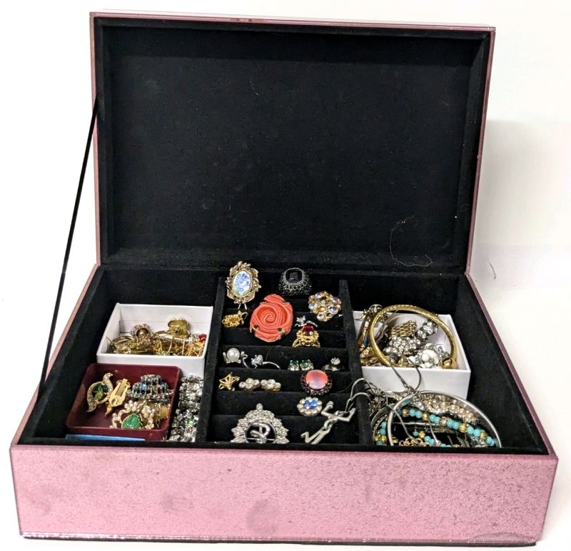 Assorted Jewelry in Sparkly Pink & Black Jewelry Box | Box Measures 7.25" x 11" x 3.5"