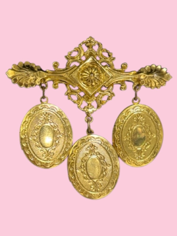 ART Signed Three Locket Brooch Renaissance Revival Vintage Dangling 1970s