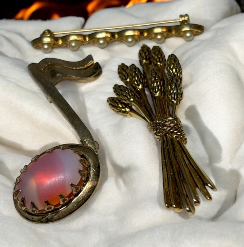 Three Brooches Orange Fire Opal Wheat bundle & Bar Pin