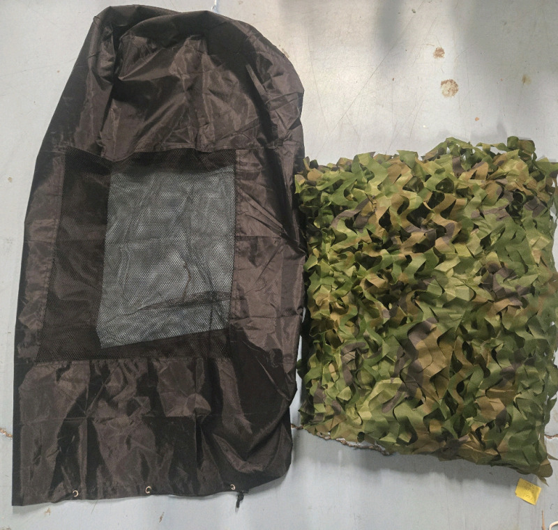 Hunting Camouflage Lot | Includes See Through One Person Hide W/ Camo Layer For Hiding | Hide Fits One Person Most Sizes| Camo Netting Measures 92" x 50" | Perfect For Surrounding The Hide